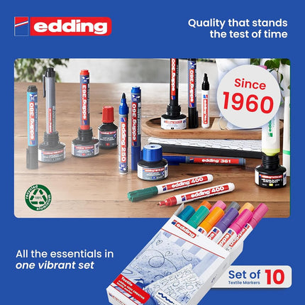 Edding 4500 Textile Marker - Set of 10 Colours (Trend) - Round Nib 2-3 mm - Permanent Fabric Markers for Drawing on Textiles, Wash-Resistant Up To 60 °C - Marker Pens for Fabric Lettering