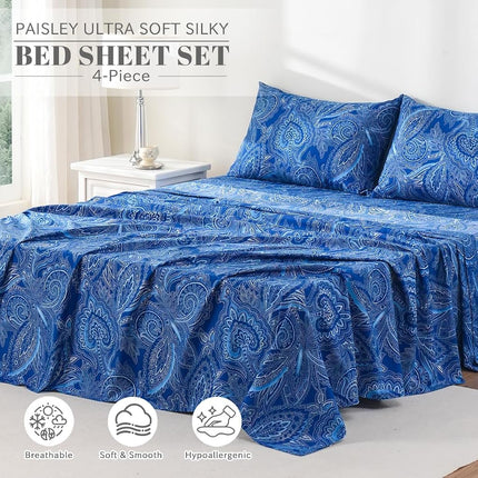 Bedlifes Full Size Sheets Paisley Sheets Ultra Soft Patterned Printed Sheet Set Deep Pocket Flat Sheet& Fitted Sheet& Pillowcases 100% Microfiber 4 Piece Full Size Paisley Dark Navy Blue
