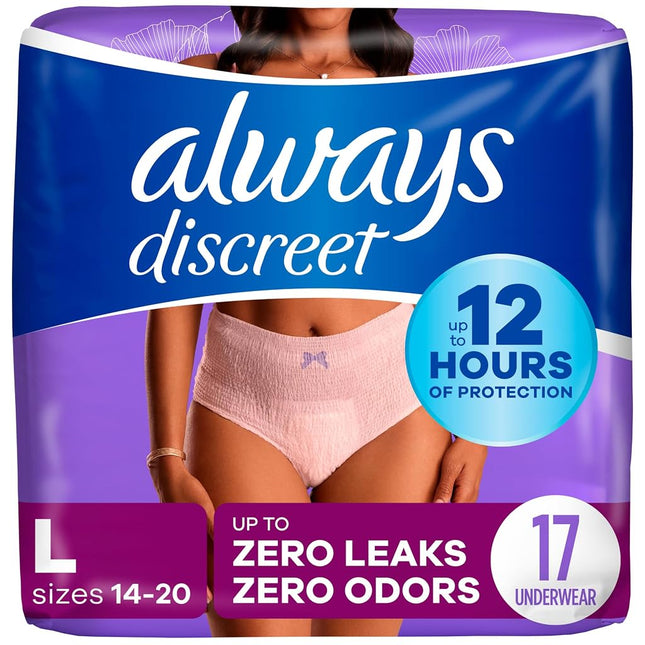 Always Discreet, Incontinence & Postpartum Underwear for Women, Size Large, Maximum Absorbency, Disposable, Large, 17 Count