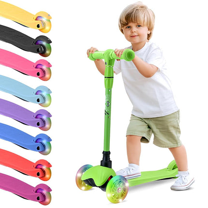 Hurtle Mini Kickboard Scooter for Kids - Height Adjustable 25''-28'', Lightweight 3-Wheel Toddler Scooter with LED Light-up Wheels, Anti-Slip,Indoor/Outdoor Fun for Ages 2-5 (Green)