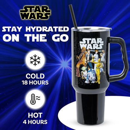 Silver Buffalo Star Wars Stainless Steel Tumbler with Handle and Straw - Chewbacca Yoda R2-D2 C-3PO Princess Leia Han Solo Luke Skywalker Fits in Standard Cup Holders 40oz