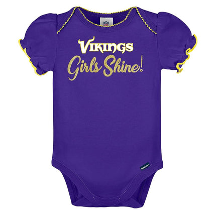 NFL Minnesota Vikings 3 Pack Ruffle Sleeve Team Bodysuit, Purple/White/Pink Minnesota Vikings, 6-12 Months
