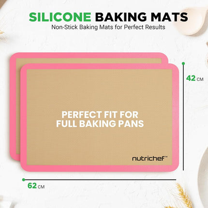 NutriChef Silicone Mat Set – 2 Non-Stick Reusable Oven Liners 62 cm x 42 cm, Food-Grade Oven Safe 250°C, Sheets for Pastry, Dough, Cookies & Kitchen Accessories, Pink