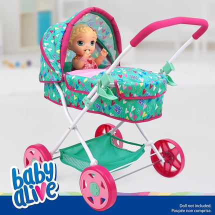 509 Crew Baby Alive: Travel N' Feed Set - 7pcs - Green, Pink, Hearts - Stroller, Highchair, Bag, Feeding Accessories, Set for Dolls Up to 18", Kids Toy, Ages 3+