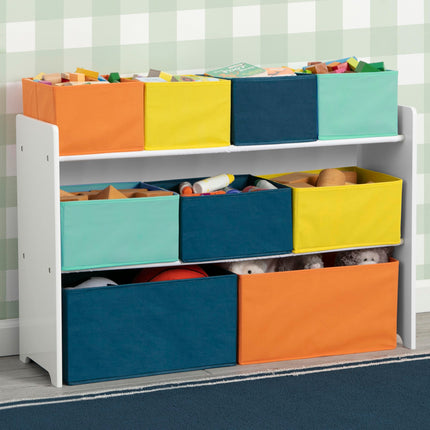 Organisateur de jouets Delta Children Deluxe Multi-Bin avec bacs de rangement – Certifié Greenguard Gold, Blanc avec bacs Marine/Vert/Pastel