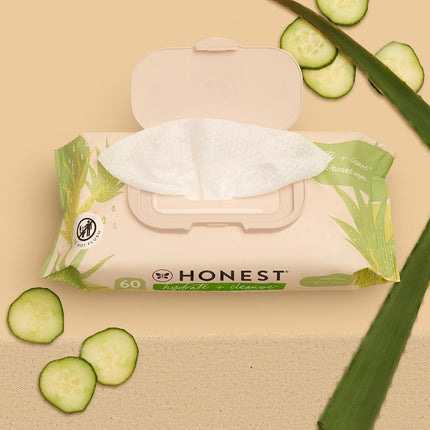 HONEST The Company Hydrate + Cleanse Wipes, Aloe + Cucumber Scent, 60 Count