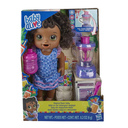 Baby Alive Magical Mixer Baby Doll Blueberry Blast with Blender Accessories, Drinks, Wets, Eats, Black Hair Toy for Children Aged 3 and Up