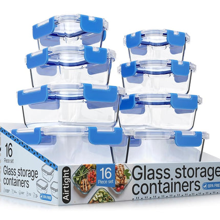 Lot de 16 boîtes de conservation alimentaires en verre borosilicate bleu avec couvercles, qualité alimentaire, sans BPA, empilables, résistantes au micro-ondes, au congélateur et au lave-vaisselle, hermétiques et étanches