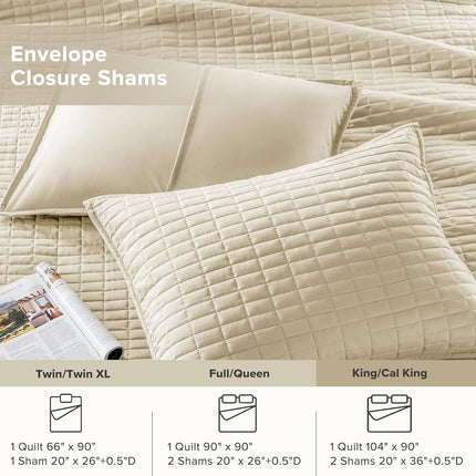 Comfort Spaces All Season, Lightweight, Coverlet Bedspread Bedding, Matching Shams, Microfiber, Ivory, Quilt King/Cal King(104"x90")
