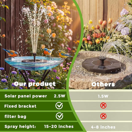 AISITIN 2.5W Solar Bird Bath Fountain Pump, Solar Fountain Pump for Bird Bath with 6 Nozzles, 6.7" Solar Powered Water Fountain Pump for Garden, Ponds, Pool, Fish Tank, Aquarium and Outdoor