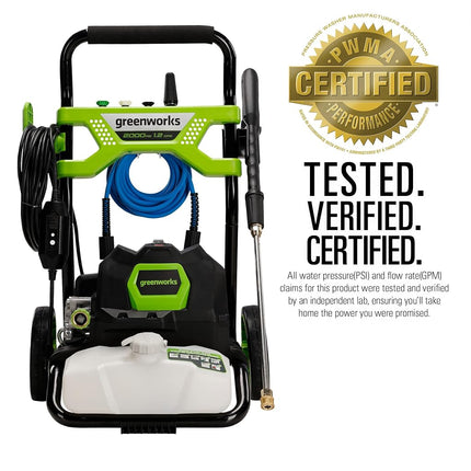Greenworks 2000 PSI (1.2 GPM) Electric Pressure Washer (25°, 40°, Soap, and Turbo Nozzle) for Use On Decks, Fences, Concrete Patios, Sidewalks & More. Medium-Duty