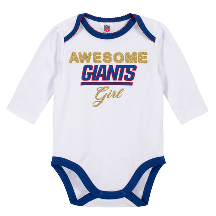 Gerber NFL New York Giants 3 Pack Bodysuit Footed Pant and Cap Registry Gift Set, white/blue New York Giants, 0-3M