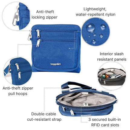 Baggallini Securtex Anti-Theft Crossbody 8.25" Small / 10" Large Travel Purse with RFID Card Slots & Cut-Resistant Strap, Lapis, Small 8.25"w x 8.25"h
