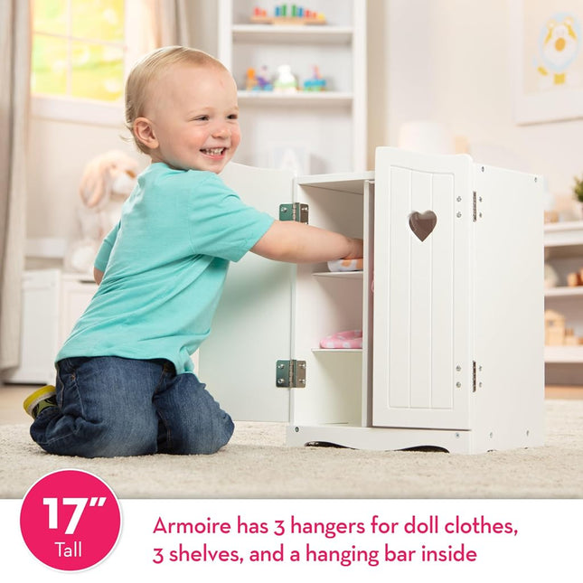 Melissa & Doug Mine to Love Wooden Play Armoire Closet for Dolls, Stuffed Animals - White (17.3" H X 12.4" W x 8.5" D Assembled)