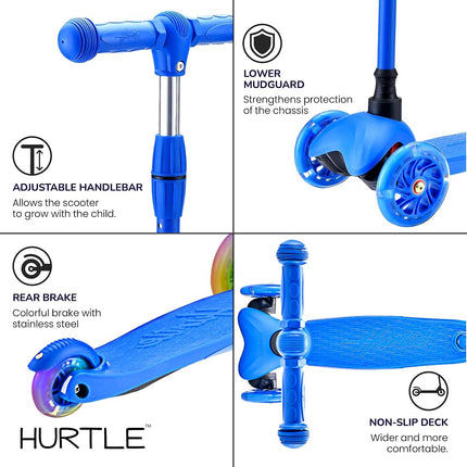 Hurtle Mini Kickboard Scooter for Kids - Height Adjustable 25''-28'', Lightweight 3-Wheel Toddler Scooter with LED Light-up Wheels, Anti-Slip,Indoor/Outdoor Fun for Ages 2-5 (Green)
