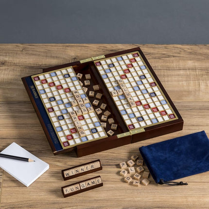 WS Game Company Scrabble Deluxe Travel Edition - Wooden Travel Game for 2-4 Players, Ages 8+