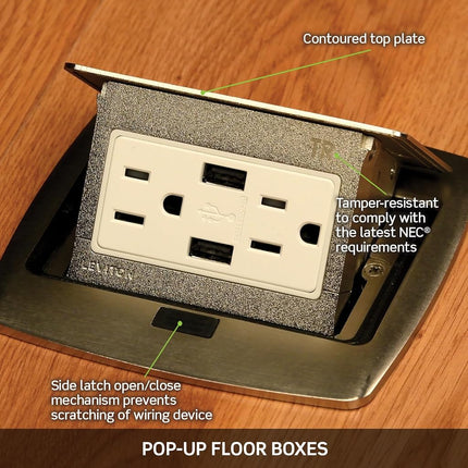 Leviton PFTR1-BN Pop-Up Floor Box with 15 Amp, Tamper-Resistant Outlet, Brushed Nickel