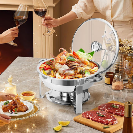 Calentadores de comida para buffet, juego de 2, 5 cuartos, de acero inoxidable, redondos, con tapa de cristal y soporte para la tapa, para fiestas, reuniones, eventos, banquetes de boda, color plateado