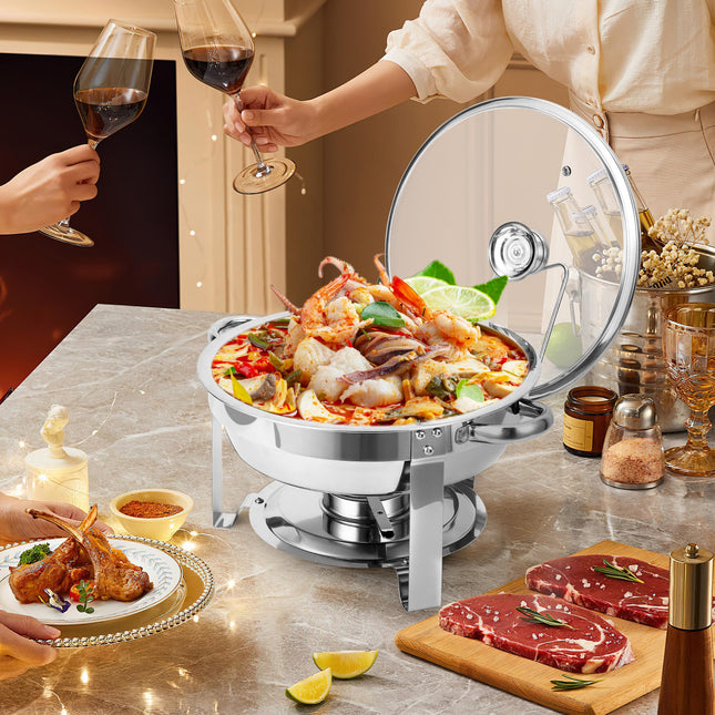 Chafing Dishes for Buffet Set of 2, 5QT Stainless Steel Buffet Serves and Warmers, Round Catering Food Warmers with Glass Lid & Lid Holder for Parties Gatherings Events Wedding Banquet, Silver