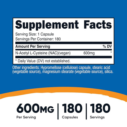 Nutricost N-Acetyl L-Cysteine (NAC) 600mg, 180 Capsules - Non-GMO, Gluten Free