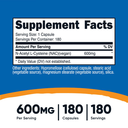 Nutricost N-acetil L-cisteína (NAC) 600 mg, 180 cápsulas - Sin OMG, sin gluten