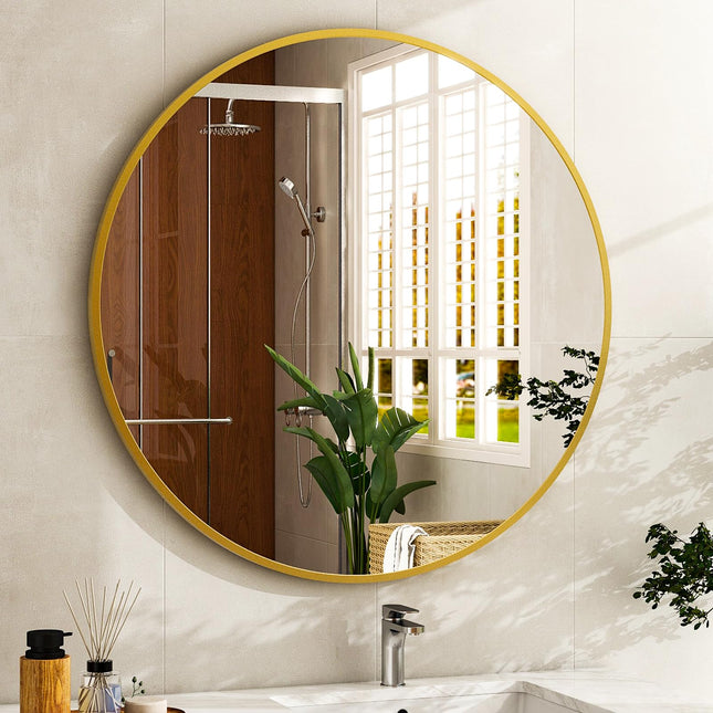 30 Inch Round Bathroom Mirror - Gold Wall Mounted Circle Mirror with Metal Frame, Modern Round Hanging Mirror Suitable for Bathroom, Vanity, Entryway, Living Room