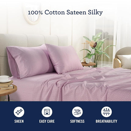IZOD Sateen Silky 4Pc King Size Bed Sheet Set, Deep Pockets - fits Upto 17", Smooth & Buttery Feel Sheet Set, Long-Staple Soft Combed 100% Cotton Bed Sheet, Hotel Luxury Bedding - Pink Mosaic