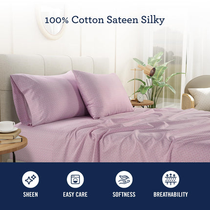 IZOD Sateen Silky 4Pc King Size Bed Sheet Set, Deep Pockets - fits Upto 17", Smooth & Buttery Feel Sheet Set, Long-Staple Soft Combed 100% Cotton Bed Sheet, Hotel Luxury Bedding - Pink Mosaic