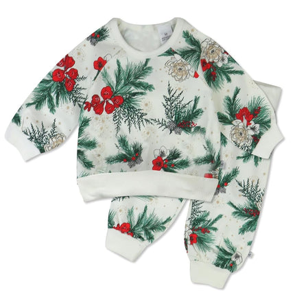 HonestBaby Juego de 2 piezas de sudadera de cuello redondo y pantalón de chándal 100% algodón orgánico para bebé, niño y niña, verde esmeralda floral, 3-6 meses