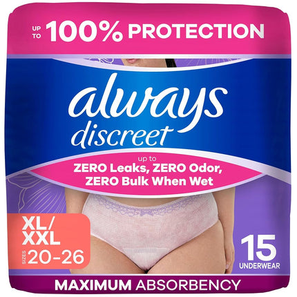Always Discreet, Incontinence Underwear for Women, Maximum Classic Cut, Extra-Large, 15 Count