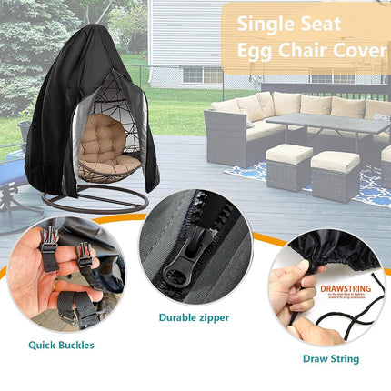 Oslimea Patio Hanging Egg Chair Cover, Durable Lightweight Waterproof Egg Swing Chair Cover with Zipper Fits Most Outdoor Single Swing Egg Chair Dust Protector (75" x 45", Black)