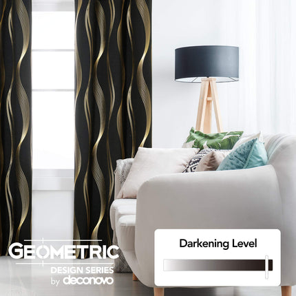 Deconovo Foil Golden Printed Wave Striped Solid Blackout Curtains Room Darkening Noise Reduction Grommet Window Curtain for Bedroom 52x95 Inch Set of 2 Dark Grey