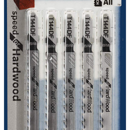 BOSCH T144DF, hojas de sierra caladora de 5 piezas, 4 pulg., 6 TPI, velocidad para madera dura, vástago en T