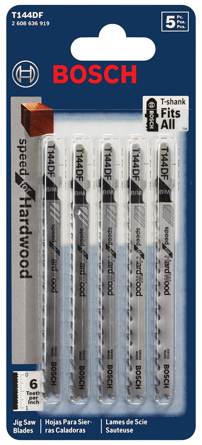 BOSCH T144DF, hojas de sierra caladora de 5 piezas, 4 pulg., 6 TPI, velocidad para madera dura, vástago en T