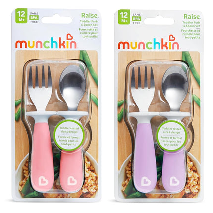 Munchkin Raise 4 Count Toddler Fork and Spoon, Pink/Purple, 12+(Pack of 1)