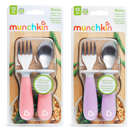 Munchkin Raise - Tenedor y Cuchara para Niños Pequeños, 4 Unidades, Rosa/Morado, 12+ meses (Paquete de 1)