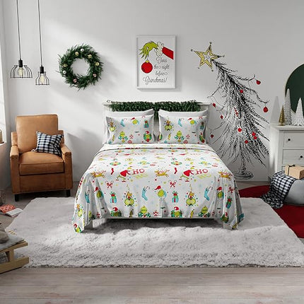 Franco Grinch by Dr. Seuss Holiday & Christmas Bedding Super Soft Flannel Sheet Set, Queen, (Official Dr. Seuss Product)