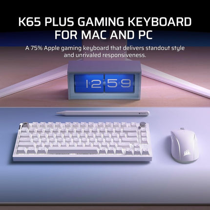 Corsair K65 Plus Wireless 75% RGB Hot-Swappable Mechanical Gaming Keyboard for Mac and iPad � Pre-Lubricated MLX Red v2 Linear Switches, Sound Dampening � QWERTY NA Layout � Frost White