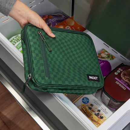 PackIt Freezable Classic Lunch Box, Checker Wave Olive, Built with ECOFREEZE Technology, Collapsible, Reusable, Zip Closure with Zip Front Pocket and Buckle Handle, Designed for Fresh Lunch On The Go
