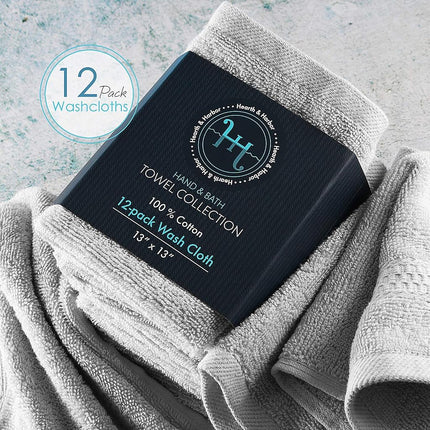 Hearth & Harbor 100% Ring Spun Cotton Washcloths 12 Pack - Washcloth for body and face, High Absorbent and Soft 33x33 cm Body Wash Cloth, Quick Dry - Black Washcloths