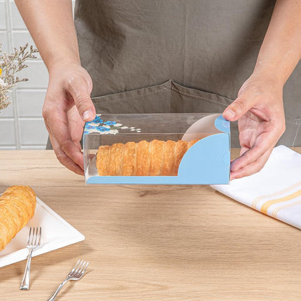 Restaurantware-7 Inch x 2.5 Inch Clear Dessert Boxes, 100 Blue Paper Sleeve Transparent Candy Boxes - Flower Accent, No Grease Lining, Clear Plastic Clear Favor Boxes, Crack Resistant, Disposable