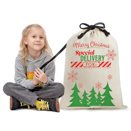 JOYIN 3 PCS Christmas Large Canvas Gift Bag 26" x 19", Drawstring Santa Burlap Sack Reusable Personalized Cloth Pouch for Xmas Presents Package, Party Supplies, Hoilday Decoration, Green&White&Red