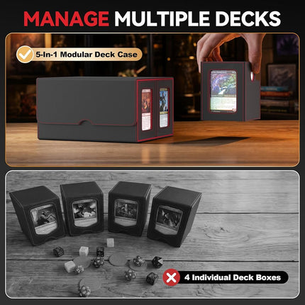 Card Deck Box for MTG with Commander Display, 5 in 1 Card Storage Box Fits 400+ Double-sleeved Cards, Removable Deck Case for TCG/Sports Cards with Dice Tray, 4 Magnetic Card Holders (Black Red)