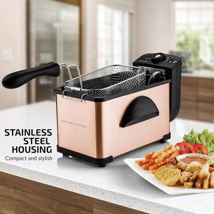 Friteuse Électrique OVENTE 2 Litres, 1500W, Couvercle avec Fenêtre de Visualisation et Filtre Anti-Odeur, Température Réglable, Panier de Friteuse Amovible et Corps en Acier Inoxydable Facile à Nettoyer, Cuivre FDM2201CO