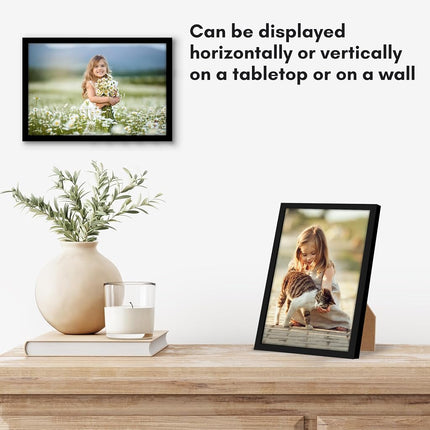 Americanflat 6x9 Picture Frame with Shatter-Resistant Glass - Streamline Collection - Thin Border Photo Frame for Tabletop and Wall Display - Hanging Hardware and Easel Stand Included - Black