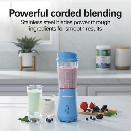 Hamilton Beach Personal Blender for Smoothies & Protein Shakes, Portable Single Serve Blender with Travel Lid, 14 oz BPA-Free Jar, 175W, Compact Countertop Blender, Tranquil Blue, 51172