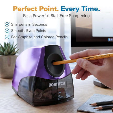 Bostitch Personal Electric Pencil Sharpener, Powerful Stall-Free Motor, High Capacity Shavings Tray, Metallic Purple