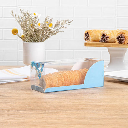 Restaurantware-7 Inch x 2.5 Inch Clear Dessert Boxes, 100 Blue Paper Sleeve Transparent Candy Boxes - Flower Accent, No Grease Lining, Clear Plastic Clear Favor Boxes, Crack Resistant, Disposable