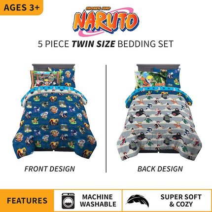 Juego de edredón y sábanas supersuaves de anime de Naruto de Franco con funda de almohada, 5 piezas, tamaño individual