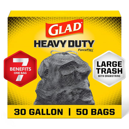 Glad Large Drawstring Trash Bags – ForceFlexPlus 30 Gallon Black Trash Bag - 50 Count